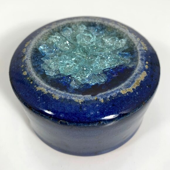 Salterra Spice Shaker Blue Ceramic Pottery w/ Geode Crackle Glass - Picture 1 of 9